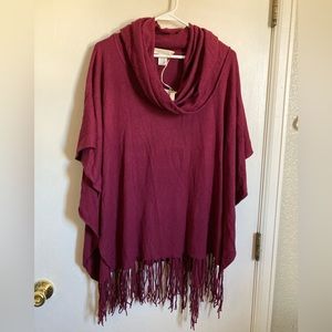 Love Stitch Burgundy One Size Cowl-Neck Boho Poncho with Fringe Sweater #Bl